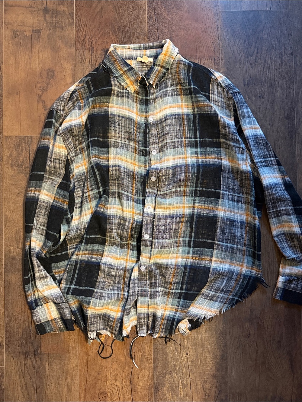 LA MIEL Plaid Button-Down Shirt in Black, Yellow & White